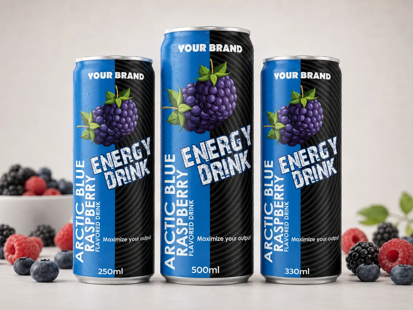 ENERGY DRINK Arctic Blue Raspberry flavored drink cans in 250ml, 500ml, and 330ml cans.